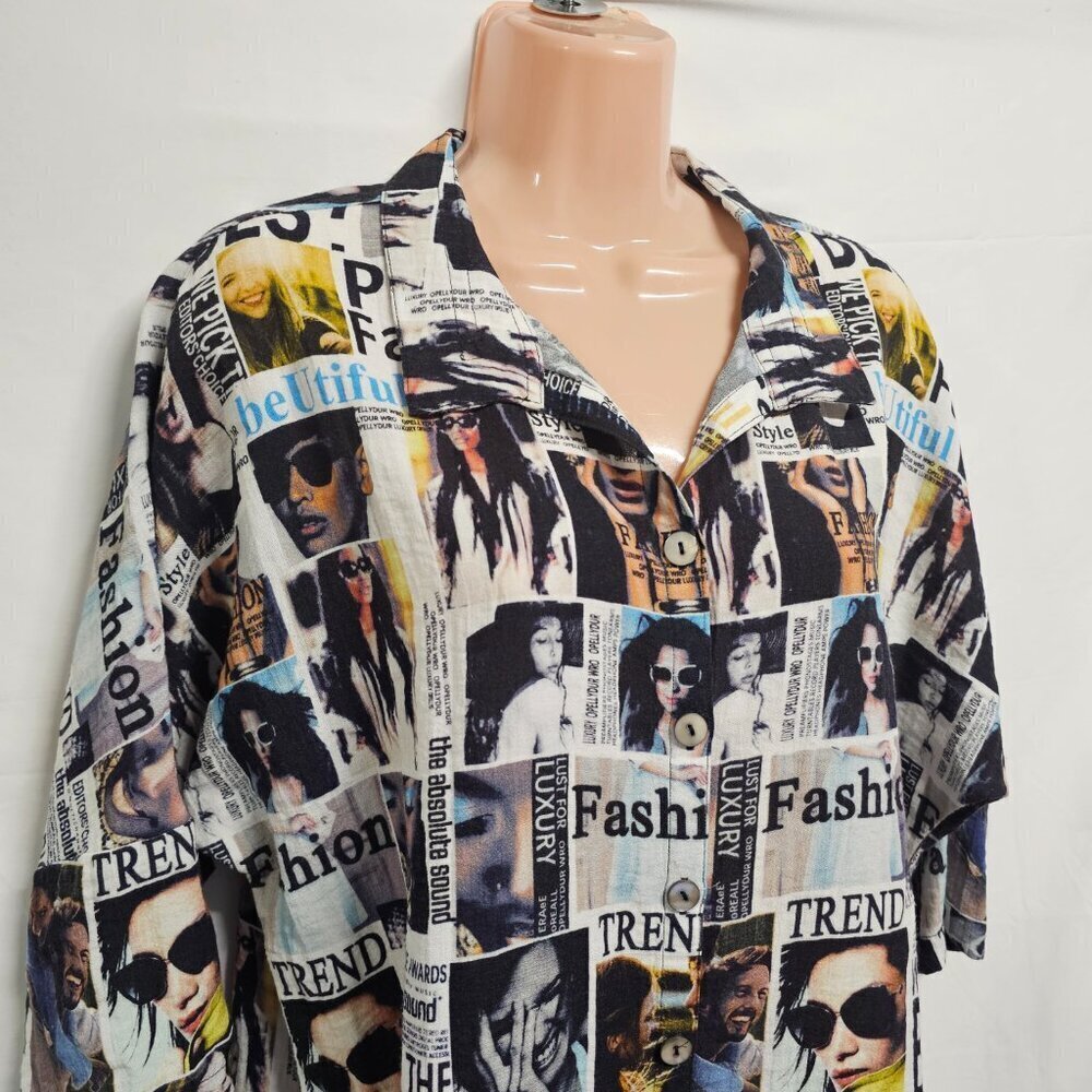 John Mark Women Graphic Button Up Collared Top Blouse Shirt Size L Deep Slits - Picture 2 of 13